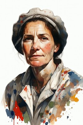 Elderly woman in paint-splattered clothes