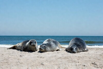Three seals resting on beach