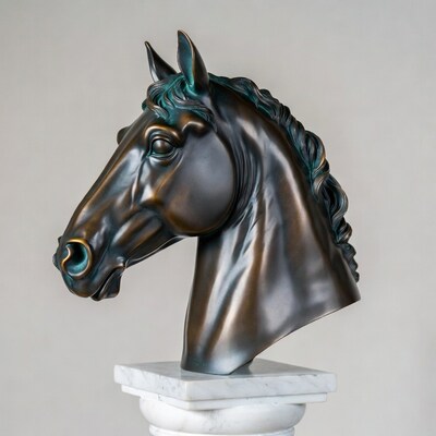 Bronze Horse Head Sculpture on Marble Base