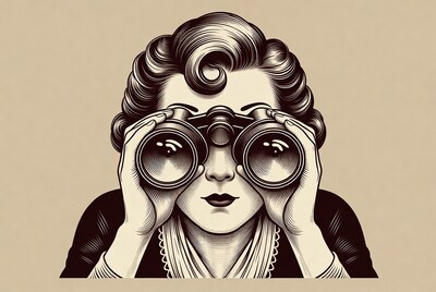 Vintage woman using binoculars illustration