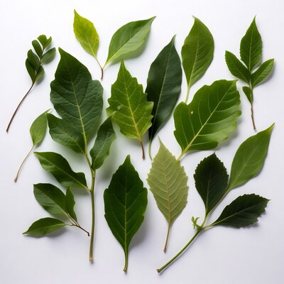 Assortment of green leaves on white background
