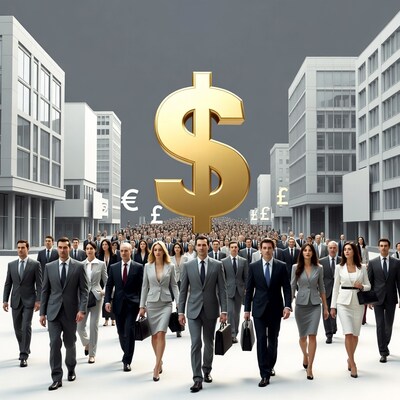 Business crowd walking under giant dollar sign