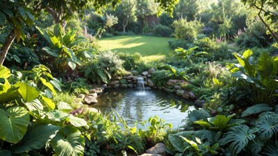 Lush Garden Pond with Waterfall