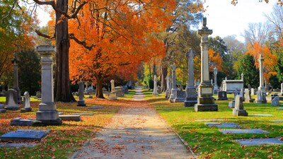 Autumn Cemetery Path with Gravestones
