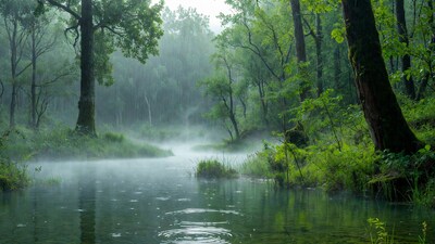 Rainy Forest with Misty Pond