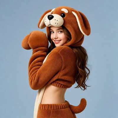 Girl in brown dog onesie costume