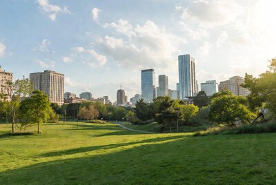 City skyline over green park