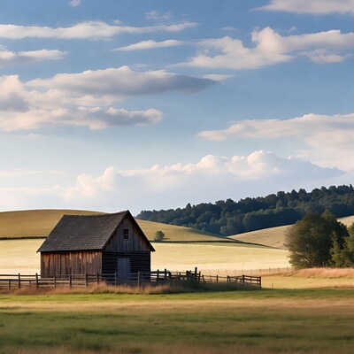 Rustic wooden barn in rolling fields