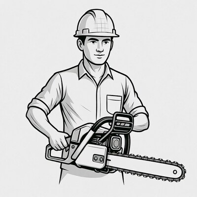 Man holding chainsaw with helmet
