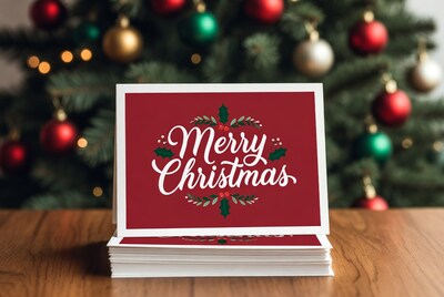 Merry Christmas Cards on Wooden Table