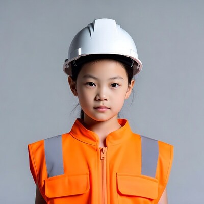 Asian girl in hard hat and vest