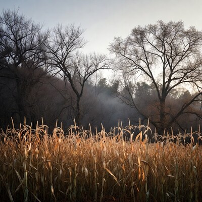 Golden corn stalks with bare trees