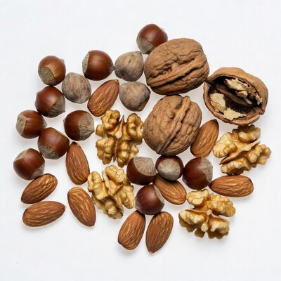 Mixed almonds walnuts hazelnuts on white