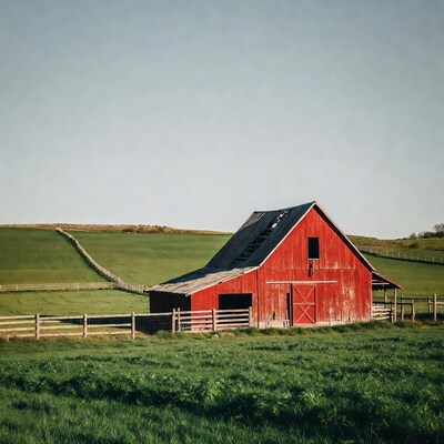 Red Barn in Green Fields
