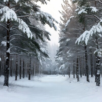 Snowy pine forest path