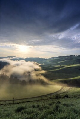 Misty rolling hills at sunrise