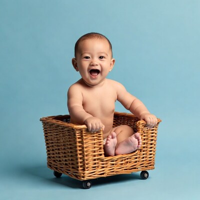 Asian baby laughing in wicker cart