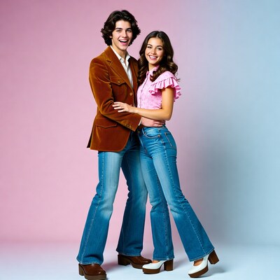 Smiling young couple in 70s outfits