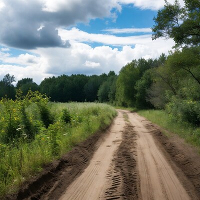 Dirt road through green field and forest