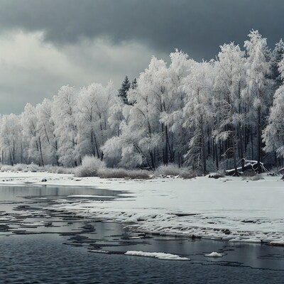 Snowy Trees by Frozen River