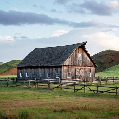 Wooden barn in grassy field with hills
