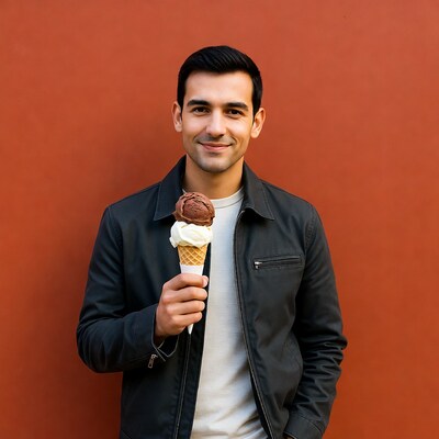 Man holding vanilla chocolate ice cream cone