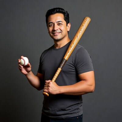 Man holding baseball bat and ball