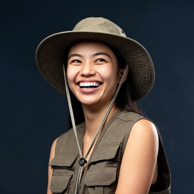 Asian woman smiling in safari hat