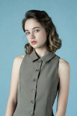 Young woman in gray sleeveless vest