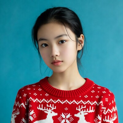 Asian girl in red reindeer Christmas sweater