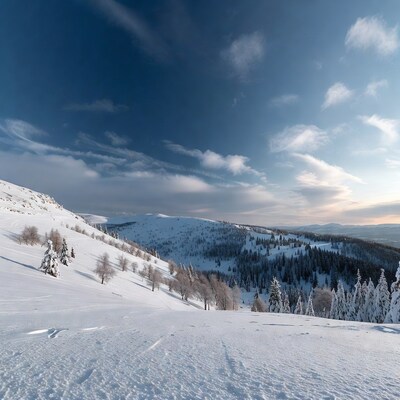 Snowy Mountain Valley with Pine Trees