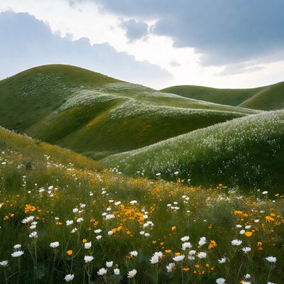 Rolling green hills with white yellow flowers