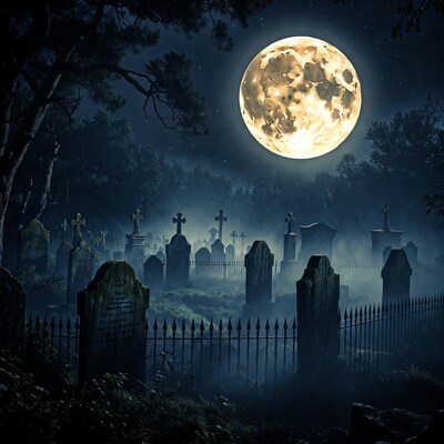Moonlit Cemetery with Gravestones