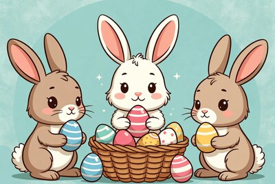 Three Cute Bunnies with Easter Eggs
