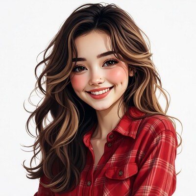 Smiling Asian girl in red plaid shirt