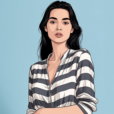Asian woman in striped shirt illustration