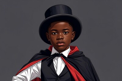 African-American boy in top hat cape