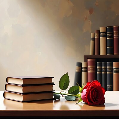 Red Rose on Books with Bookshelf