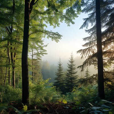 Misty Forest with Tall Trees