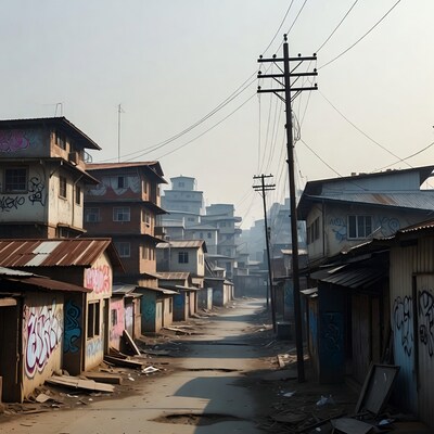 Graffiti-covered slum alley with shacks