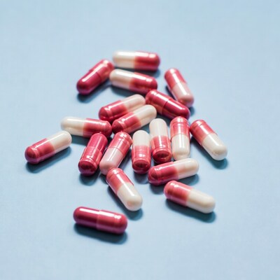Pink and white capsules on blue background