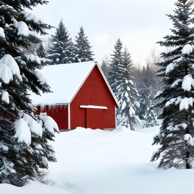 Red Barn in Snowy Forest