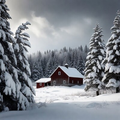 Red Barn in Snowy Forest