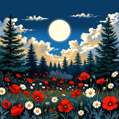 Moonlit Poppy Field with Pine Trees