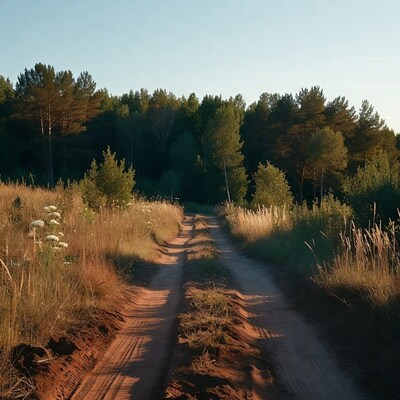 Dirt road through forest meadow sunset