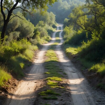 Dirt road through green forest