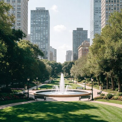 Urban park fountain with skyscrapers