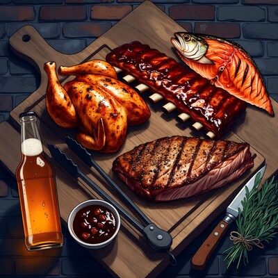 Grilled Meats and Fish on Wooden Board