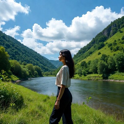 Asian woman overlooking river valley