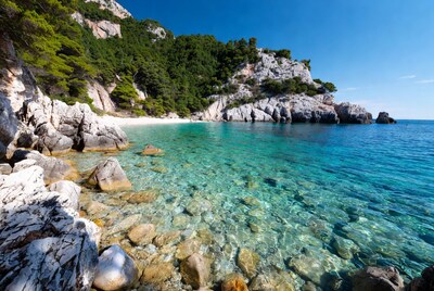 Turquoise beach with rocks and cliffs